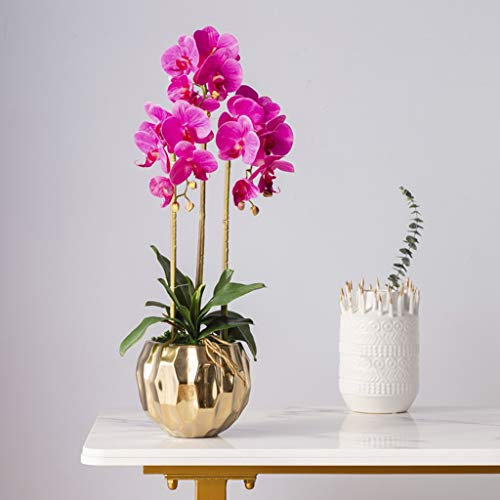 LSDFW Künstliche Blumen-Orchideen im Topf – künstliche Orchideen-Dekoration, Phalaenopsis-Blumen mit geometrischer Vase, dekorieren für Zuhause/Küche/Schlafzimmer/Esstisch-Mittelstück/lila Hello