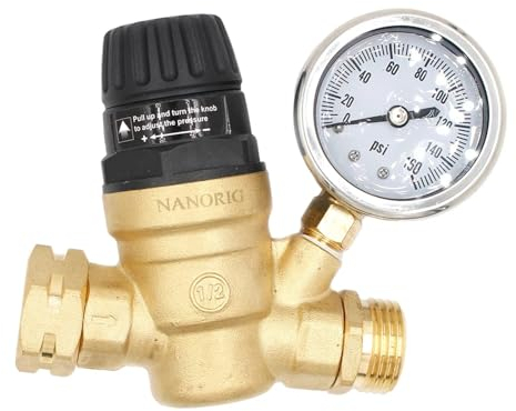 Druckminderer Wasser 3/4 Zoll Druckminderventil, Messing, RV-Druckminderventil mit Manometer und 2 Filtern for Wohnmobil/Gartenschlauch/Reiseanhänger