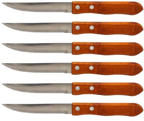 Tradineur - Pack de 6 Cuchillos de Sierra para Carne, Hoja de Acero Inoxidable de 10 cm y Mango de Madera, Cubiertos clásicos, Aptos para lavavajillas - 21 cm