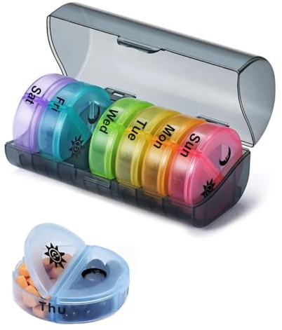 Ruayia Tablettenbox mit 7 Tage morgens abends 2 fächer, Klein Pillendose Große Fächer für Kinder äLtere und HäNde, Pillendose Unterwegs - Farbig