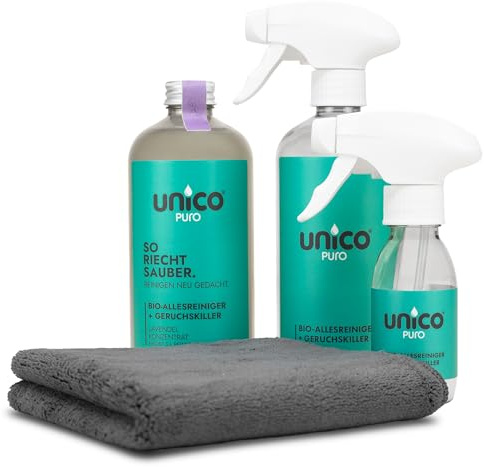 unicopuro® Allesreiniger Starter-Set Lavendel – 500 ml Konzentrat = 5 L – inkl. 500 ml & 100 ml Sprühflaschen + Soft-Touch Microfasertuch – biologisch abbaubar, Geruchskiller, in 8 Düften