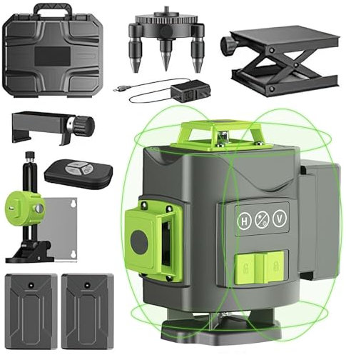 Kreuzlinienlaser Laser Wasserwaage 4x360 Grad, 4D 16 Linien Laser Messgerät mit 2 * 1200mAh Batterien, Selbstnivellierende Maschine, Arbeitsbereich 30 m, Nivelliergerät für Innenbereich Baustelle