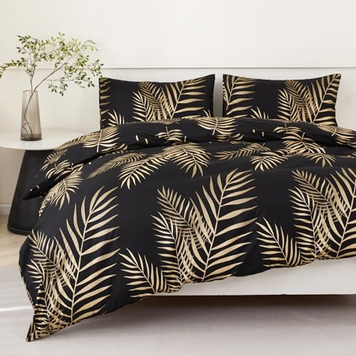 Jemiipee Bettwäsche 140x200 cm Schwarz Gold, Bettwäsche-Set mit Tropisches Blattmuster, Bettbezug 140 x 200 Kissenbezug 65x65, Deckenbezug Wendebettwäsche Weich mit Reißverschluss