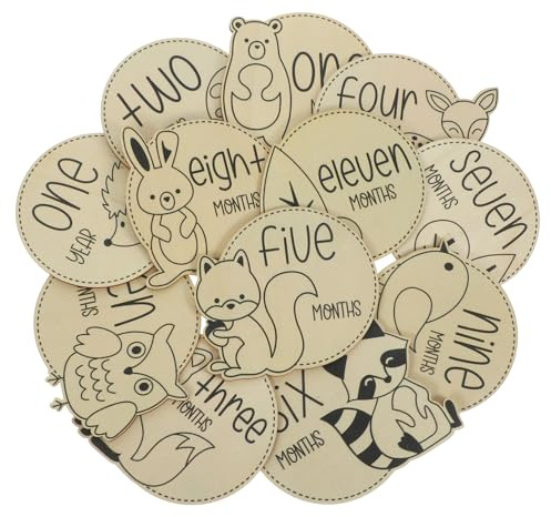 12 Dekorative Holzkarten zur Monatlichen Babyaufzeichnung | Beige, Glatte Oberfläche, Leichtes Design, ohne Scharfe Kanten, für Zuhause und Verschiedene Anlässe