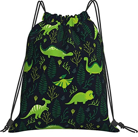 Richugui Grüner Kordelzug-Rucksack mit Cartoon-Dinosaurier-Kordelzug, Sporttasche, Turnbeutel für Damen und Herren, Rucksäcke, Training, Yogatasche, Schwarz, One size