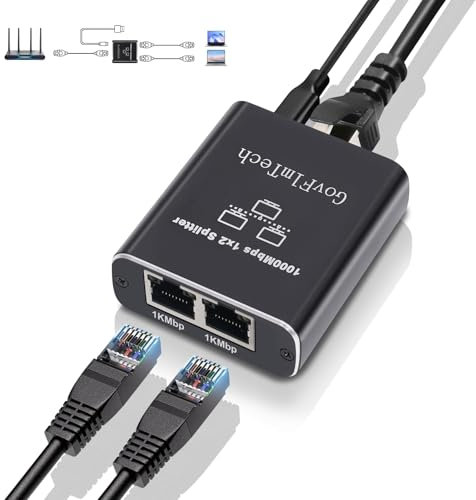 GovFlmTech Switch Ethernet 2 Porte - Splitter LAN 1 a 2 1000 Mbps con Cavetto Alimentazione USB-C - Collettore LAN Gigabit per Computer, HUB, Switch, Set-top box, TV e altro