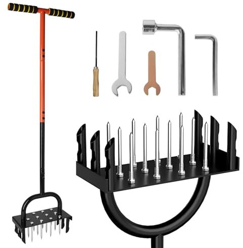 Rasenlüfter, Aerifizierer für Rasen Hohlspoon, Gartenwerkzeuge, Werkzeug Hohle Zeitgeräte mit Gepolstertem T-Griff, 12 8.8CM Feste Spikes und 6 Hohl Zahnräder, Manuelle Belüfter für Rasen und Garten