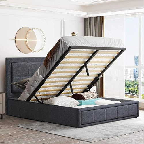 Upholstered Bed with Mattress Included, Ottoman Bed Frame with Storage Bed, Dark Grey Linen Fabric, Gas Lift End Opening Wooden Slats Super King Size Bed Frame (6ft Super King with Mattress)