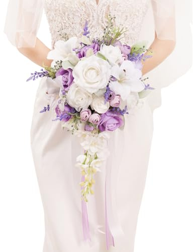 Floinla Bridal Bouquet Cascading, Lilac Purple & White Wedding Bouquets for Bride Bridesmaid 10 Artificial Flowers Bouquet for Wedding Decor