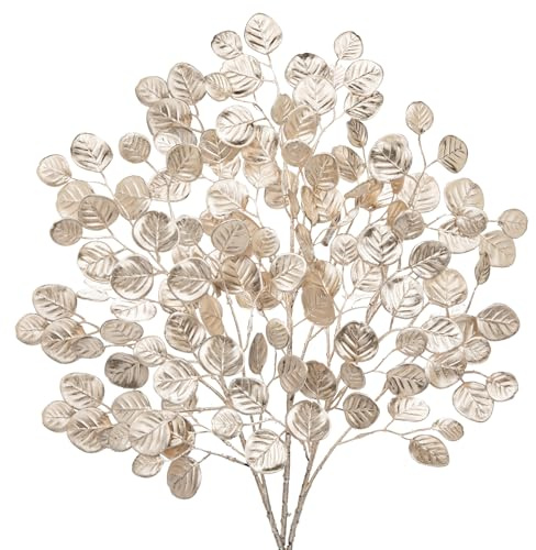 Oairse 3er-Set 60cm Gold Künstliche Eukalyptus Pflanzen, Kunstzweig Weihnachten Deko Weihnachtsblätter Zweig für Heimdekoration, Weihnachtsbaum Neujahr Ornamente, Christbaumschmuck
