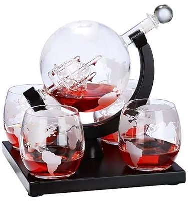 Whiskey Decanter Set for Men 1000ml Hand-Blown Globe Carafe with 4 x 300ml Glasses Ideal for Whiskey, Gin Liqueurs Wine Elegant for Connoisseurs