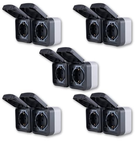 REV AquaStorm SPARSET - 5x Doppelsteckdose, IP55, waagrecht, anthrazit | Steckdose 2-fach für eine waagrechte Aufputzmontage | Feuchtraum IP55 | zweipolig, 230V, 16A