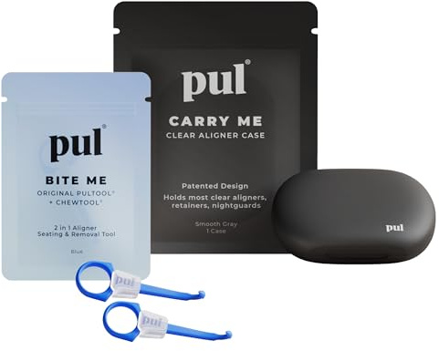 PUL Aligner Care Convenience Kit – Case + 2-in-1 Tool for Invisalign, Retainers, Partial Dentures, Mouth & Night Guards & More – Gray Case & 2-Pack of Blue Aligner Seating Chewie & Removal Tool