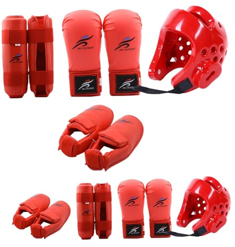 Lawnrden Sparring Gear Protective, Karate Sparring Gear Protective Polyester Taekwondo enthält 1pc Helm, 1 Paar Handschuhe und 1 Paar Beinwache, auch zum Radfahren, Kampfkunst & mehr, rot, s