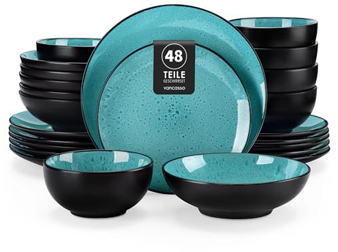 vancasso Service de Table pour 12 Personnes, Service Vaisselle 48 Pièces en Grès - 12 Assiettes Plates, 12 Assiettes à Dessert, 12 Assiettes Creuses et 12 Bols - Glaçure Vert, Compatible Micro-Ondes