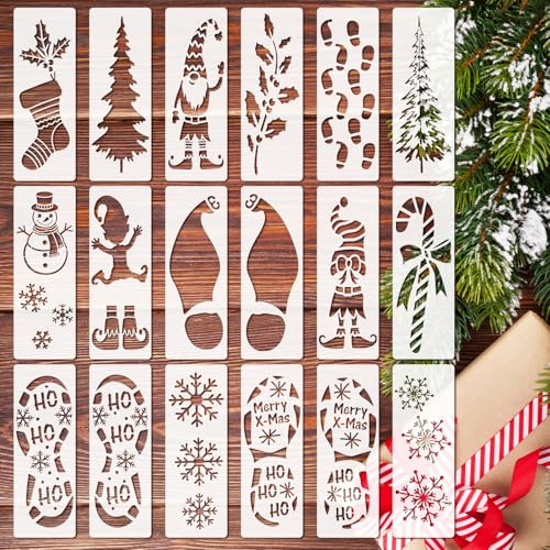 OOTSR 18Stk Weihnachten Schablonen zum Basteln, 28x10cm Wiederverwendbar Fußabdrücke des Weihnachtsmanns Malschablonen zum Malen Schablone Holz Wand Deko