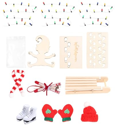 ALONK Wichtel Zubehör Weihnachten,16 Stück Puppenhaus Zubehör mit Schlitten Set Wichtel Lichterkette Fußabdrücke Wichtelhaus Weihnachten Schablone, Kinderzimmer Dekoration(nicht Elektrifiziert)