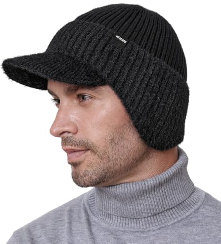 Wmcaps Winter Beanie with Visor and Ear Flaps, Unisex Outdoor Warm Thick Fleece Lined Knit Hat Gift for Men Husband Dad, Black