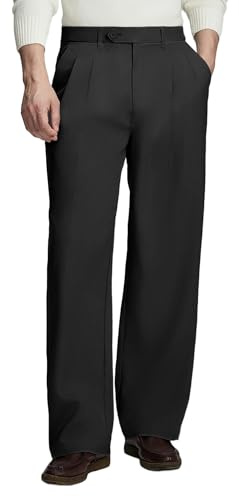 FEDTOSING Dress Trousers for Men Casual Baggy Pleated Wide Leg Pants Loose Fit Slacks Old Money Work Office Elastic Waist Black