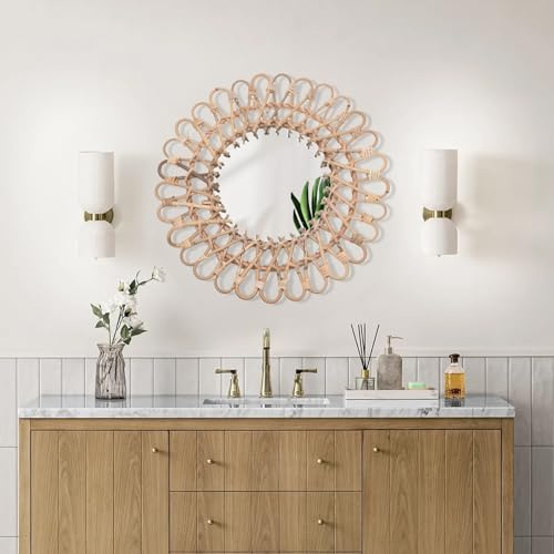 TTISJHK Rattan Spiegel Rund 40cm Handgefertigt mit 20cm Glasspiegel, Wandspiegel Boho Deko für Wohnzimmer, Schlafzimmer, Badezimmer, Flur & Bauernhaus Stil, Natur Rattan Wanddeko