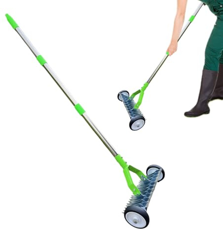 Rastrello Arieggiatore Per Prato | Regolabile Resistente In Metallo Con Ruote - Attrezzo Rastrello per Giardino e Paesaggistica con Ruote - Per Giardinaggio Paesaggistica Giardino Cortile Allentamento