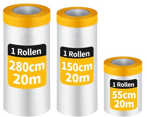 QKJEM 60 M Abdeckfolie mit Klebeband 3 Rollen (55cm 150cm 270cm) X 20m | Rückstandsfrei Maler Abdeckfolie Schnell Entfernbar Abklebeband Maler Set für Möbel Boden Auto Türen Fenster Ganze Wände