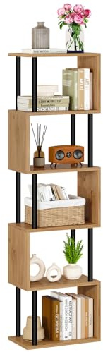 IBUYKE Bücherregal 6 Ebenen,S-förmiges Bücherschrank,Eiche WBC016K | Raumteiler Standregal Holz Stufenregal mit Aufbewahrung Bücherregale für Wohnzimmer Schlafzimmer