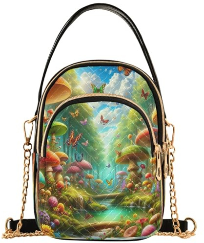 Axelväska för kvinnor nyckfull skog färgglad svamp quiltad kedjerem mobiltelefon handväska söt designerkoppling dam dragkedja bärkasse, 15 x 21 cm x 7,9 cm, 15 x 8 x 21 cm