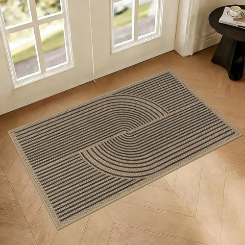Homcomodar Indoor Door Mat 43 x 75 cm Washable Front Door Mats Inside Non Slip Low Profile Dirt Trapper Doormats Inside Absorbent Geometric Lines Doormat for Entrance Kitchen Bedroom, Brown