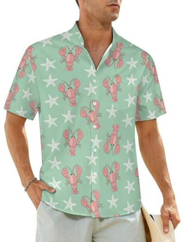 JOJOART Pink Lobsters Stars Men's Casual Button Down Shirts Stand Up Collar Shirt Pocket for Hawaiian Beach Wedding 2XL
