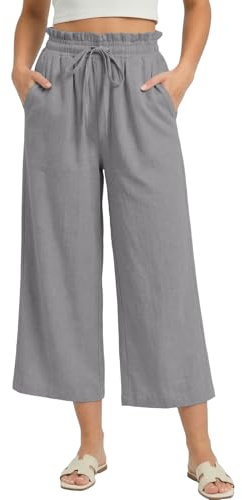 Husmeu Pantalon Femme en Coton Lin 3/4 Pantalon Palazzo Capri Femme Taille Élastique avec Volants Léger et Respirant Poches