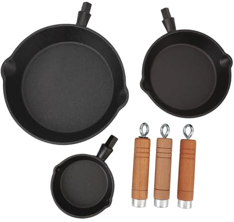 Cloimei Mini juego de sartén de hierro fundido, sartenes pequeñas antiadherentes presazonadas de 3 piezas con mangos de madera para huevos, verduras, carnes en la estufa, horno, pa