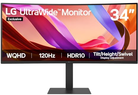 LG UltraWide Monitor 34U62TB-B (Excl.): Curved UWQHD 1440p VA 34 inch, 120Hz, 5ms GtG, HDR10, Multi-adjustment Display, Reader Mode & Flicker Safe, Smart Energy Saving, DP1.4, HDMI, Black