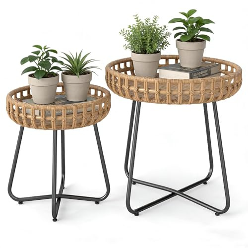 GYMAX 2er Set runde Beistelltische, Ø56/42 cm PE-Rattan Tische mit Metallgestell & verstellbaren Füßen, Outdoor Balkontisch, Couchtische, Kaffeetisch für Wohnzimmer, Garten & Balkon