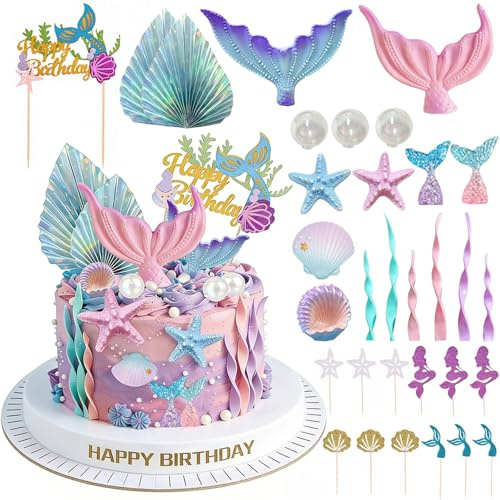 Tazuxetuqe Décoration De Gâteaux Sirène 32 Pièces Queue Sirène Algues Coquillages Étoiles De Mer Petite Sirène Cupcake Ornements Pour Fête D’anniversaire Sirène Célébrati