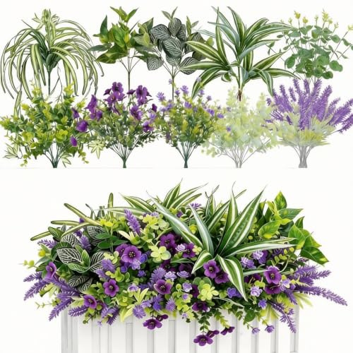 Fairblo 20 Piezas Plantas Artificiales Exterior Resistentes UV Flores Artificiales Morado Plantas de Plástico Decorativas Verde Lavanda Falsa Helecho para Interiores Exteriores Balcón Jardines