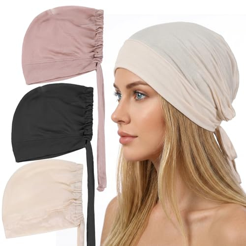 Eldraqth 3 Stück Kopftuch Damen Hijab, Baumwolle Chemo Kopfbedeckung Damen Sommer Islamische Muslimische Unterschal Hijab mit Tie Back für Frauen Männer