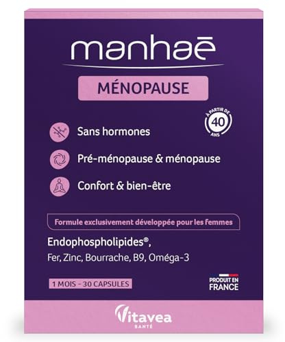 Vitavea Santé - Manhaé Ménopause - Oméga-3 Bourrache - Cure 1 mois | Sans Hormones - Formule Complète - Fer & B9 Anti-fatigue - Zinc & Vitamine E - Efficacité Prouvée - Fabriqué en France