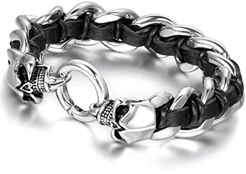 Flongo Men's Biker Stainless Steel Interwoven Skull Braided Leather Curb Chain Link Bracelet, 8.66 inch