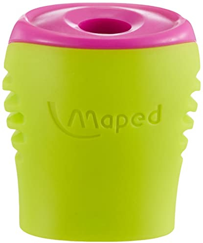 Maped - Material Escolar - Sacapuntas Boogy - Diseño con Depósito - Tienen 1 Orificio para Afilar - Tamaño Compacto para el Estuche - 3 Diseños Diferentes