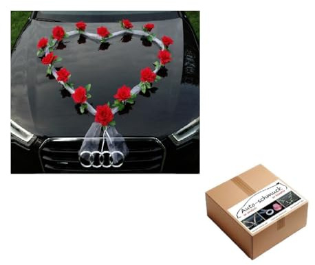Organza Herz Auto Schmuck Braut Paar Rose Deko Dekoration Autoschmuck Hochzeit Car Auto Wedding Deko Girlande PKW (Rot/Weiß)