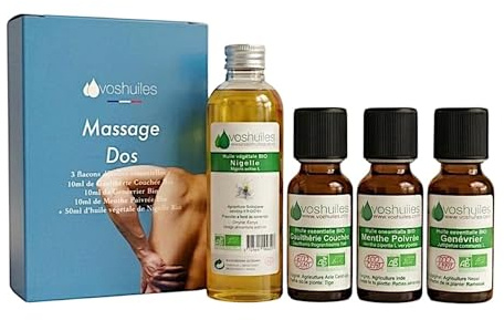 VOSHUILES - Kit d'Huiles Essentielles pour Massage - Gaulthérie Couchée- Menthe Poivrée- Genévrier- Nigelle - 100% Pure et Naturelle - 3x10ml- 1x50ml - HEBBD et ECOCERT