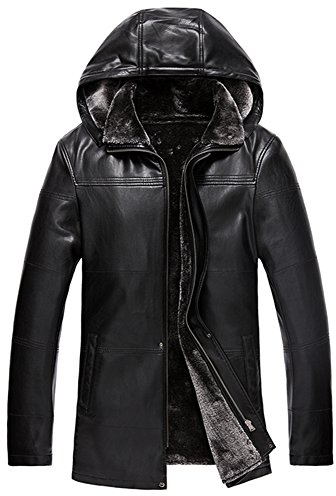 PLAER Männer Mode Pelz Jacke Geschäft Mit Kapuze Leder Jacke Plus dick Samt Lamm Wolle Futter (L, schwarz)