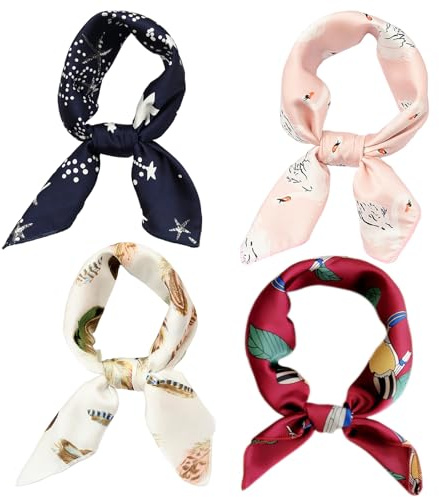 Hixixi 4 PCS 50s Satin Neck Scarf Dots Floral Striped Small Square Neckerchief Headbands Head Scarf for Women Girl (D#)