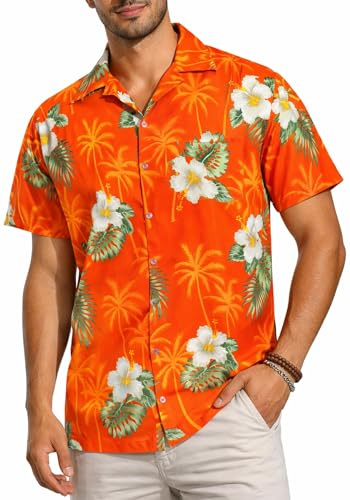 King Kameha Camisa Hawaiana para Hombre de Manga Corta con Bolsillo Delantero y Estampado Floral Aloha