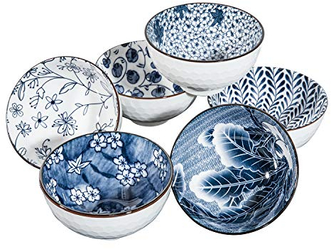 Swuut Ciotole per Cereali in Ceramica in Stile Giapponesi, Vintage Porcellana Blu e Bianco da per Snack, Iceceram, Set di 6 Ciotole per Riso (11 cm)