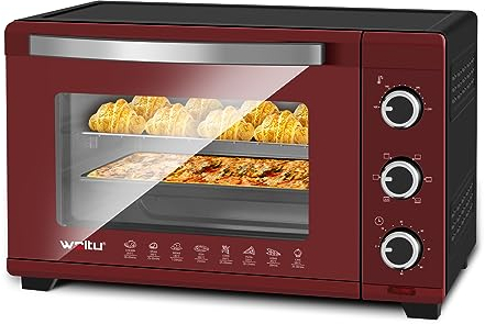WOLTU Mini Four 32L avec Broche de Rôtisserie, 4 éléments chauffants, Minuterie 60 min, Température 100-230℃, 1600W, Porte à Double Vitrage, Rouge+Noir