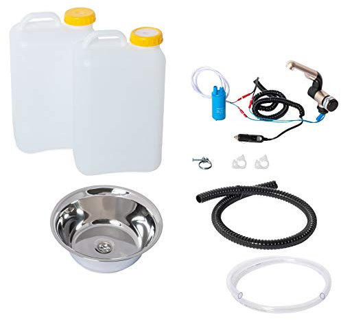 Wasseranlage Imbisswagen Verkaufsanhänger Campingküche 12v Bausatz Spüle 24cm (240MM) + Wasserhahn Barwig Chrom Wasserkanister 19Liter (ad-ideen)