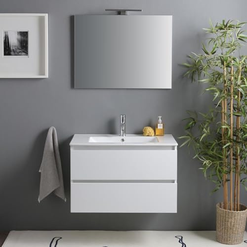 KIAMAMI VALENTINA Hängendes Badmöbel 80 cm Weiß Hochglanz 2 Schubladen | Keramikwaschbecken, Spiegel 80x60 cm, Griffmulde, Soft-Close, FSC-Holz, modernes Badmöbel