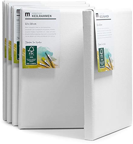 5er-Set 30x30cm Künstler-Leinwand Canvas zum Bemalen. Die leere, weiße Leinwand aus 100% Baumwolle ist umlaufend aufgespannt auf FSC® Holz-Keilrahmen mit 17mm Stärke, 280g/m², 2-fach weiß grundiert
